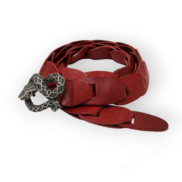Vintage Interlocking Snake Belt Red Leather Pewter Buckle 80s Hip Bias Hanging main image 6